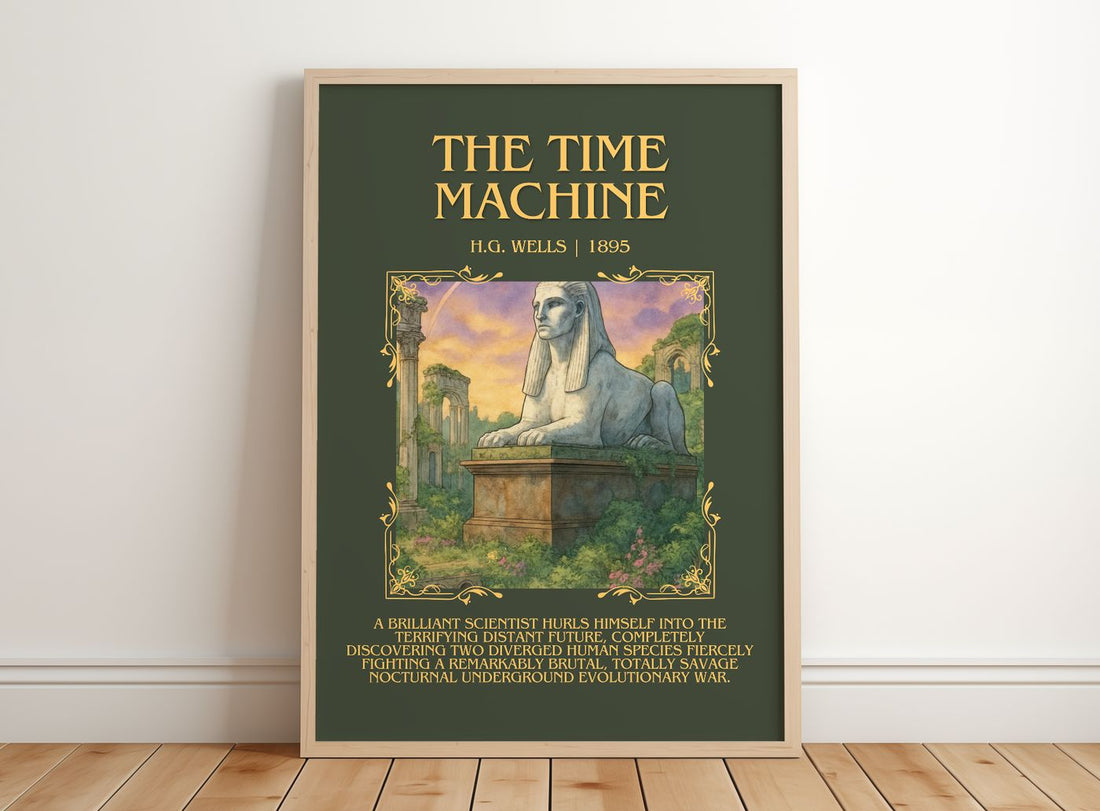 The Time Machine Minimalist Book Poster by H.G. Wells – framed print leaning on a wooden floor