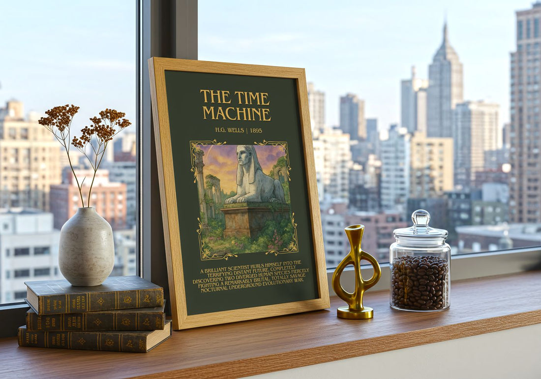 The Time Machine Minimalist Book Poster by H.G. Wells – framed print on a city-view windowsill