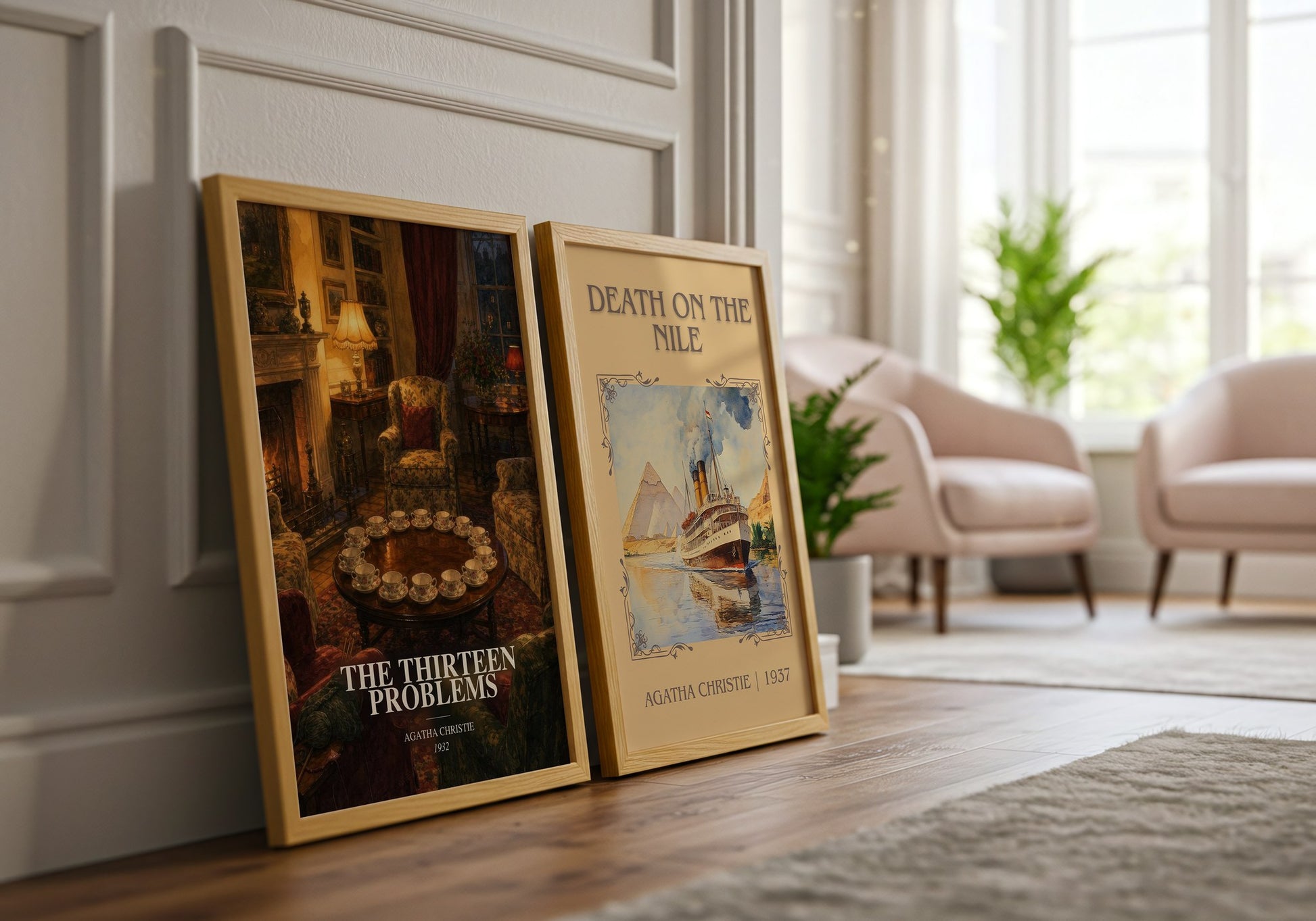 The Thirteen Problems watercolour print framed by window – literary home decor