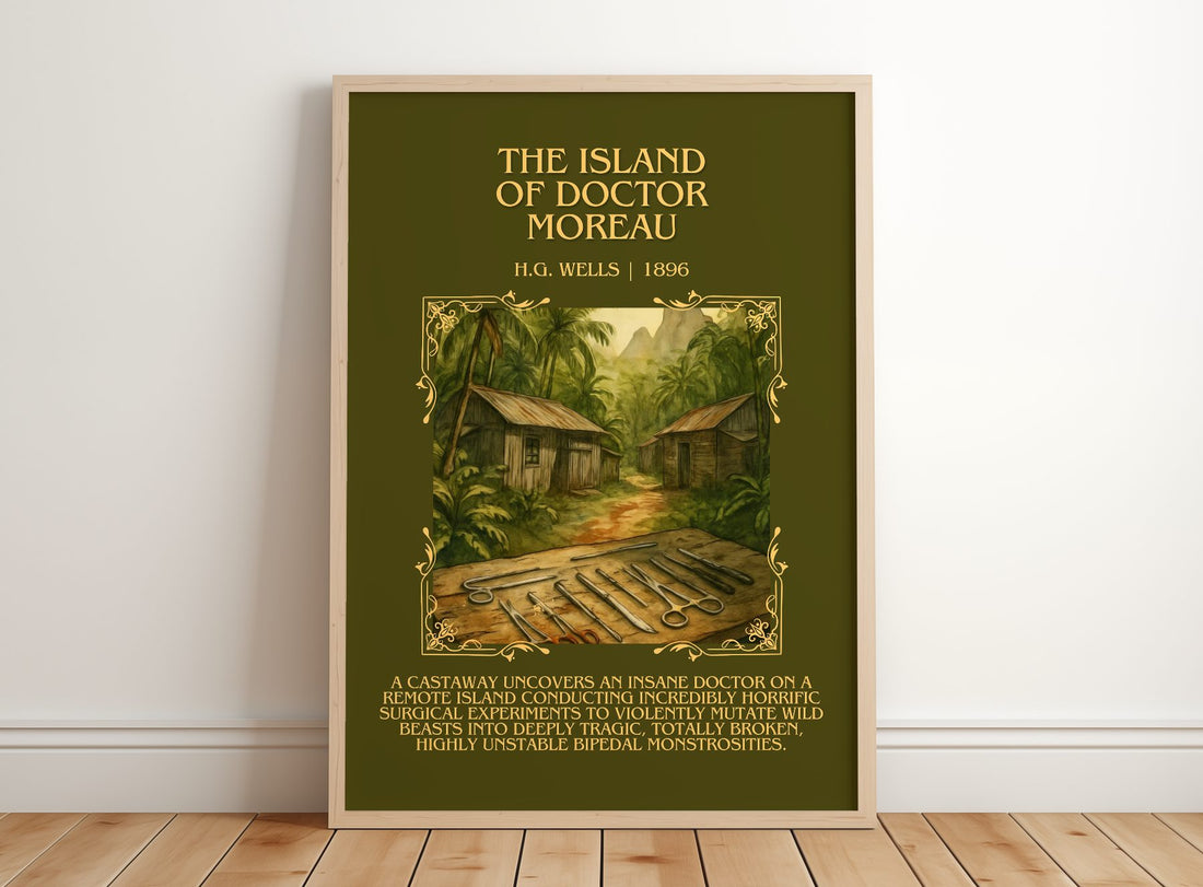 The Island Of Doctor Moreau Minimalist Book Poster by H.G. Wells – framed print leaning on a wooden floor