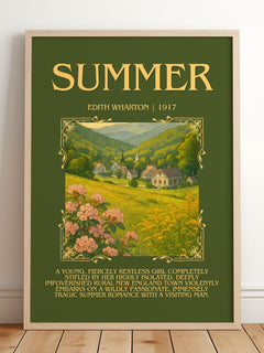 Summer Minimalist Book Poster by Edith Wharton – framed print leaning on a wooden floor