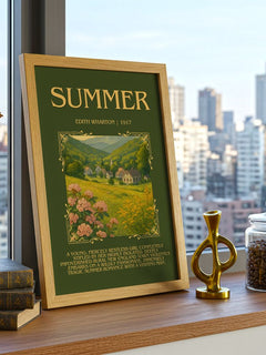 Summer Minimalist Book Poster by Edith Wharton – framed print on a city-view windowsill