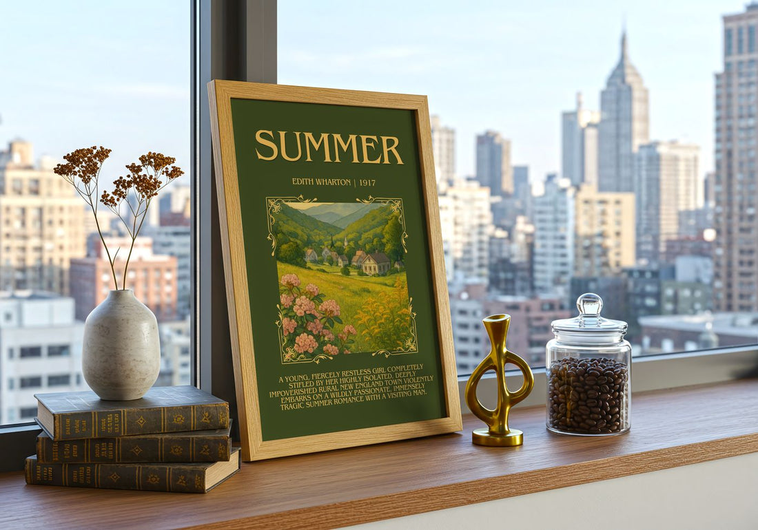 Summer Minimalist Book Poster by Edith Wharton – framed print on a city-view windowsill