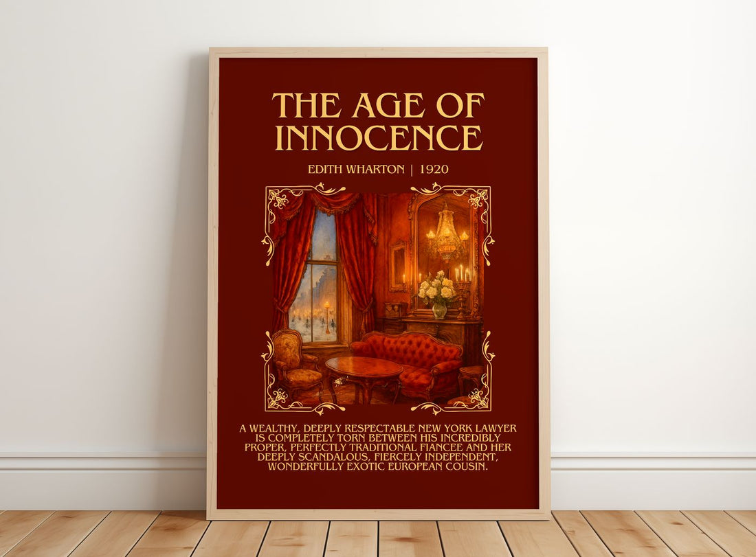 The Age Of Innocence Minimalist Book Poster by Edith Wharton – framed print leaning on a wooden floor