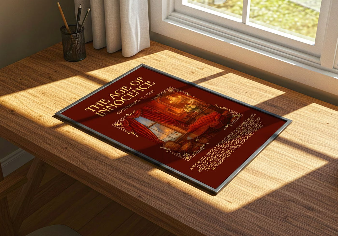 The Age Of Innocence Minimalist Book Poster by Edith Wharton – print on a sunlit desk