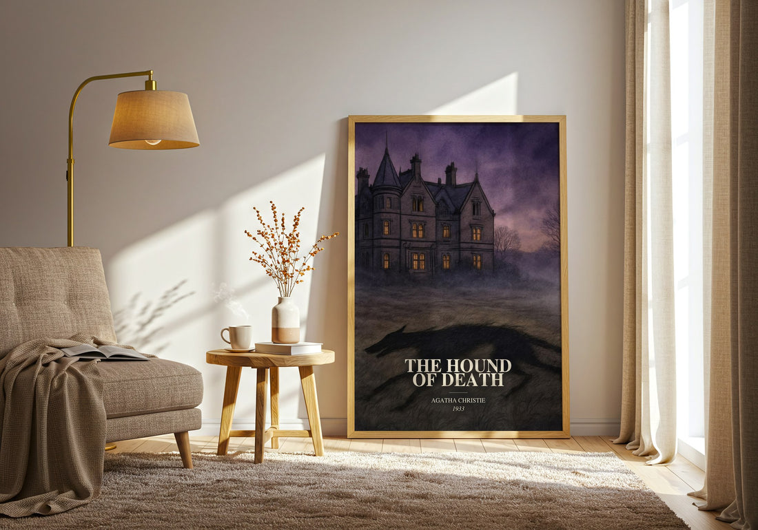 The Hound Of Death watercolour print in frame leaning in hallway – mystery wall art (mockup)