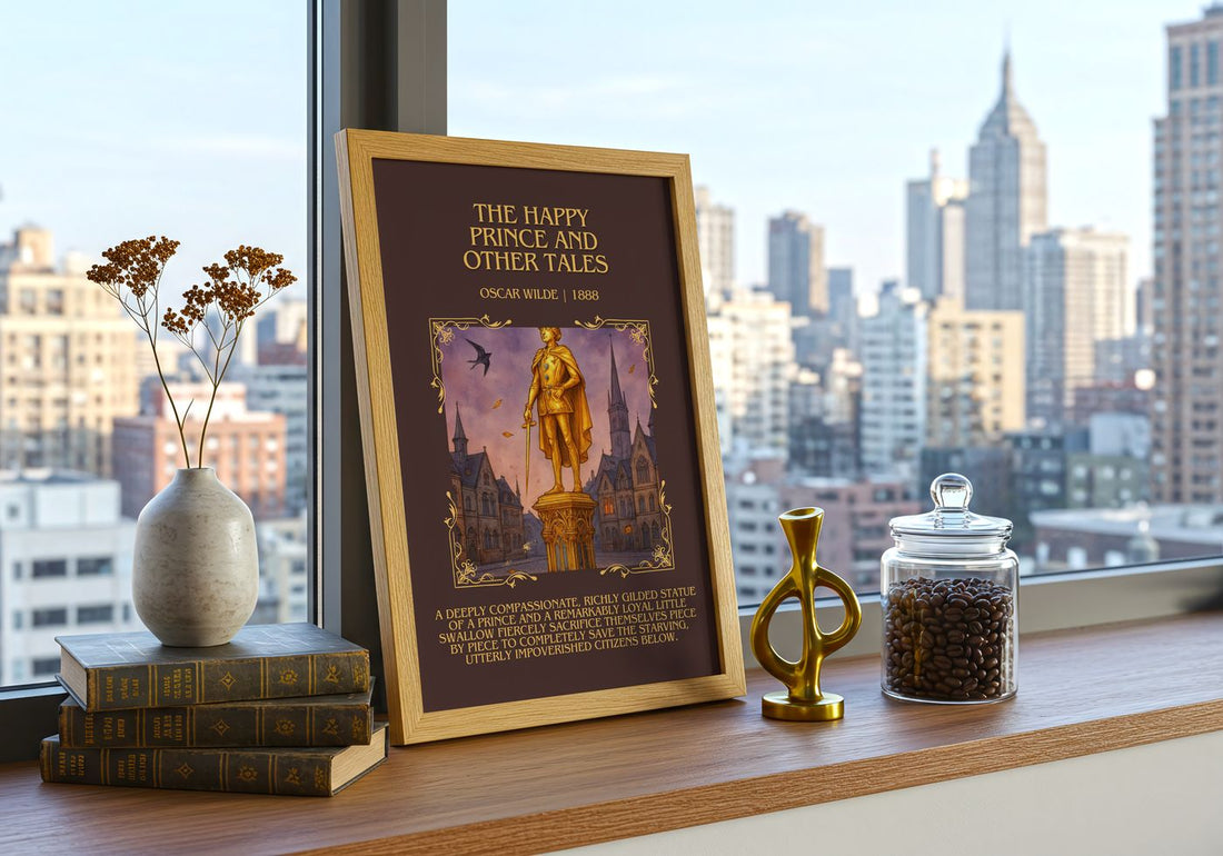 The Happy Prince And Other Tales Minimalist Book Poster by Oscar Wilde – framed print on a city-view windowsill
