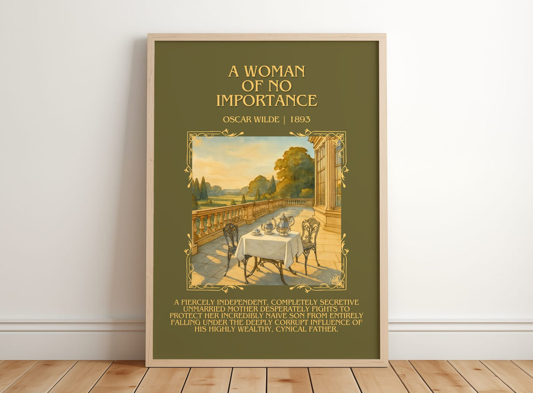 A Woman Of No Importance Minimalist Book Poster by Oscar Wilde – framed print leaning on a wooden floor