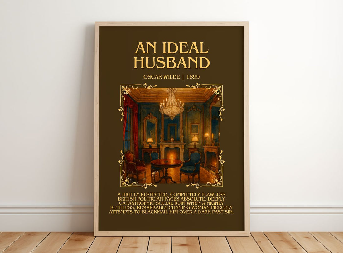 An Ideal Husband Minimalist Book Poster by Oscar Wilde – framed print leaning on a wooden floor