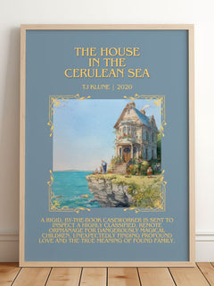 The House in the Cerulean Sea Minimalist Book Poster by TJ Klune – framed print leaning on a wooden floor