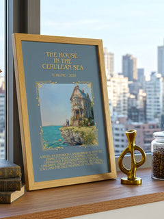 The House in the Cerulean Sea Minimalist Book Poster by TJ Klune – framed print on a city-view windowsill