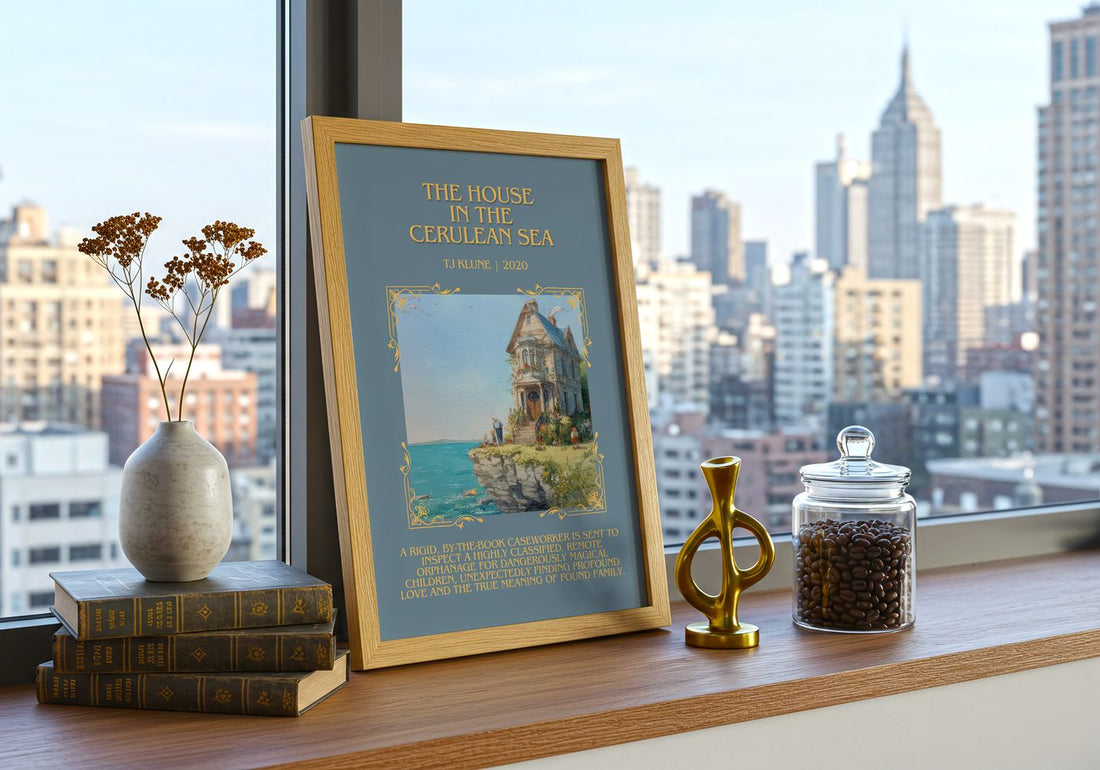 The House in the Cerulean Sea Minimalist Book Poster by TJ Klune – framed print on a city-view windowsill