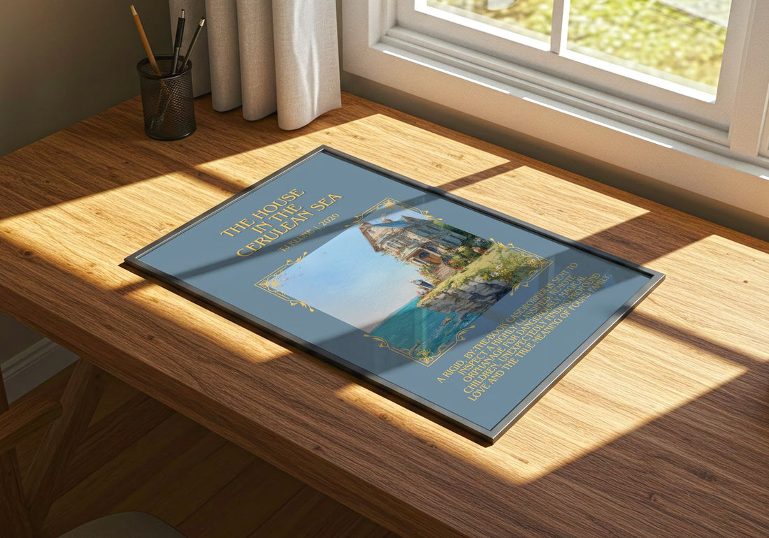 The House in the Cerulean Sea Minimalist Book Poster by TJ Klune – print on a sunlit desk