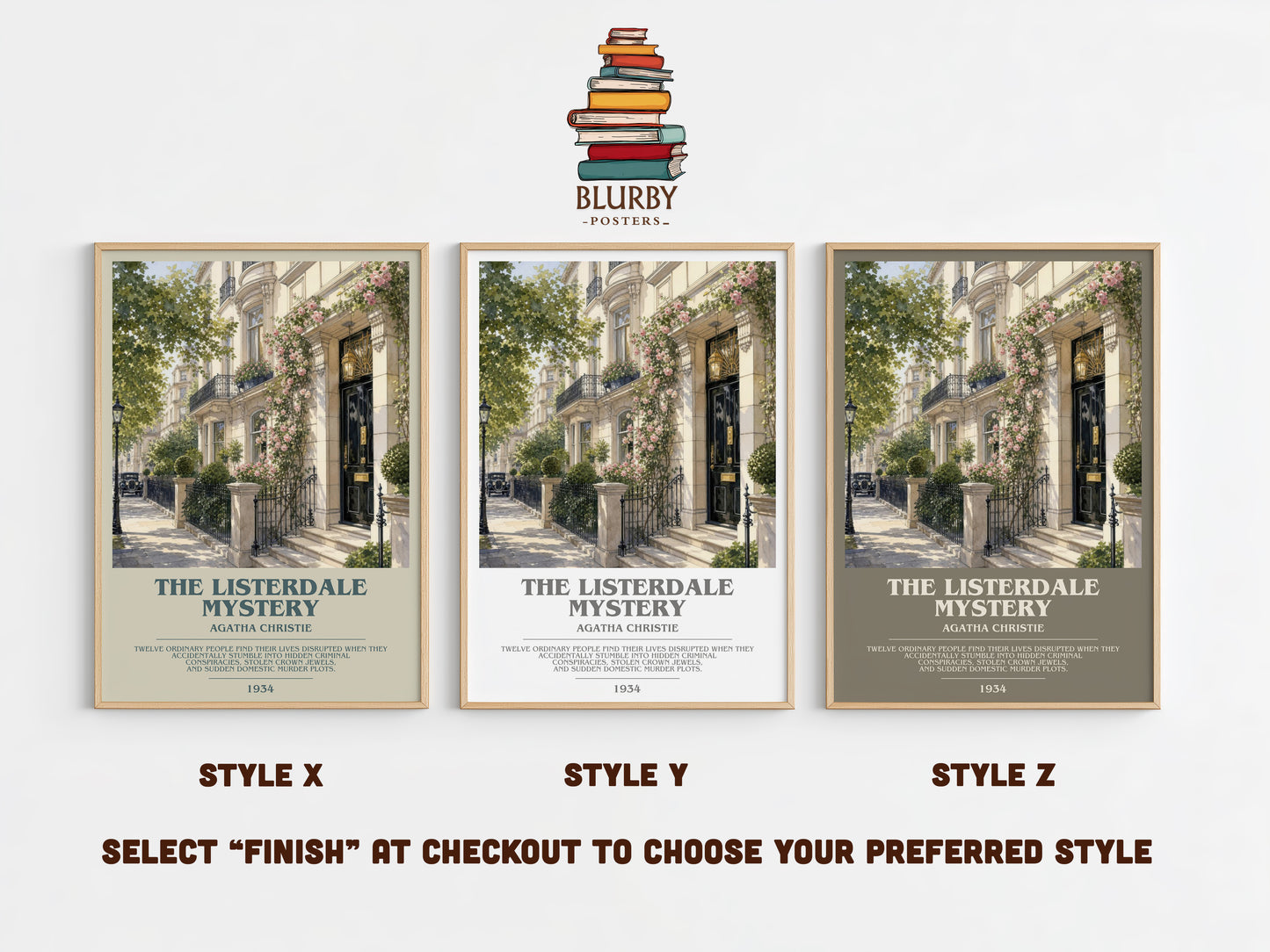 The Listerdale Mystery bookish print in frame leaning in hallway – mystery wall art