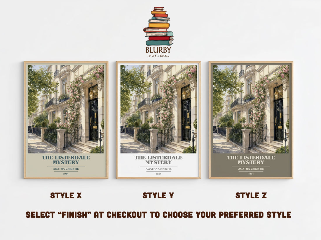 The Listerdale Mystery book cover print in frame leaning in hallway – mystery wall art (mockup)