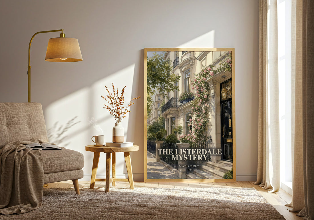 The Listerdale Mystery watercolour print in frame leaning in hallway – mystery wall art (mockup)