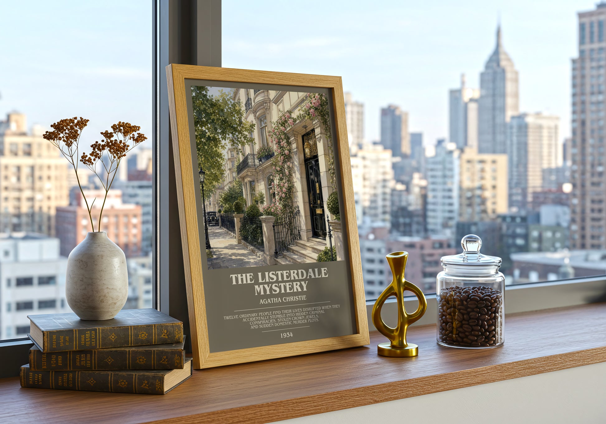 The Listerdale Mystery bookish print framed by window – literary home decor