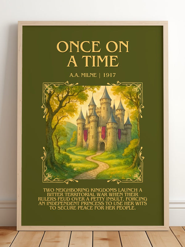 Once On A Time Minimalist Book Poster by A.A. Milne – framed print leaning on a wooden floor