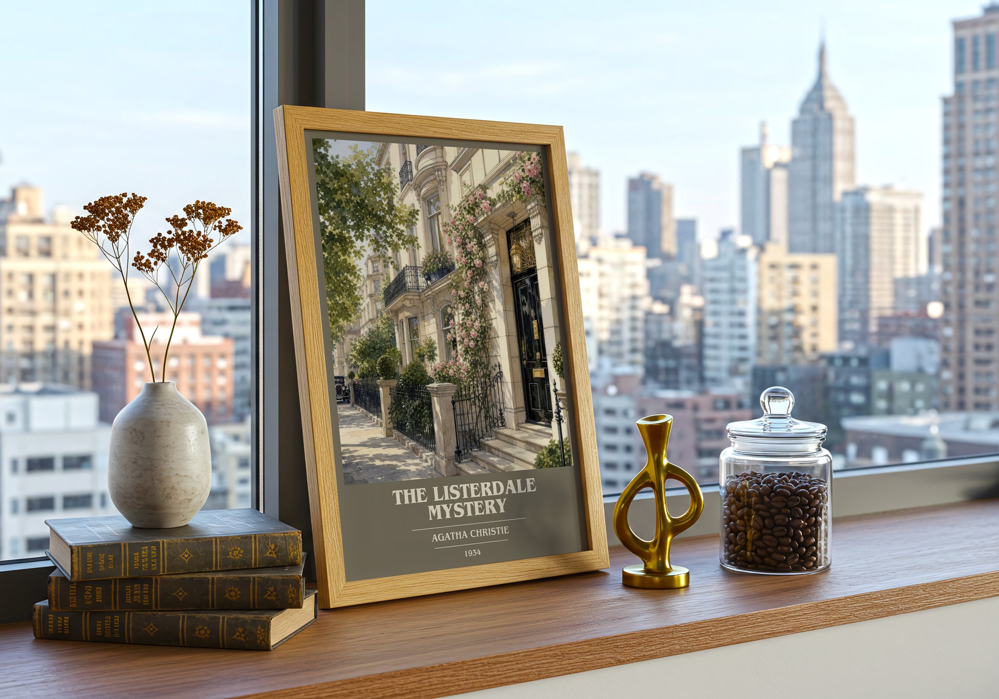 The Listerdale Mystery book cover print framed by window – literary home decor