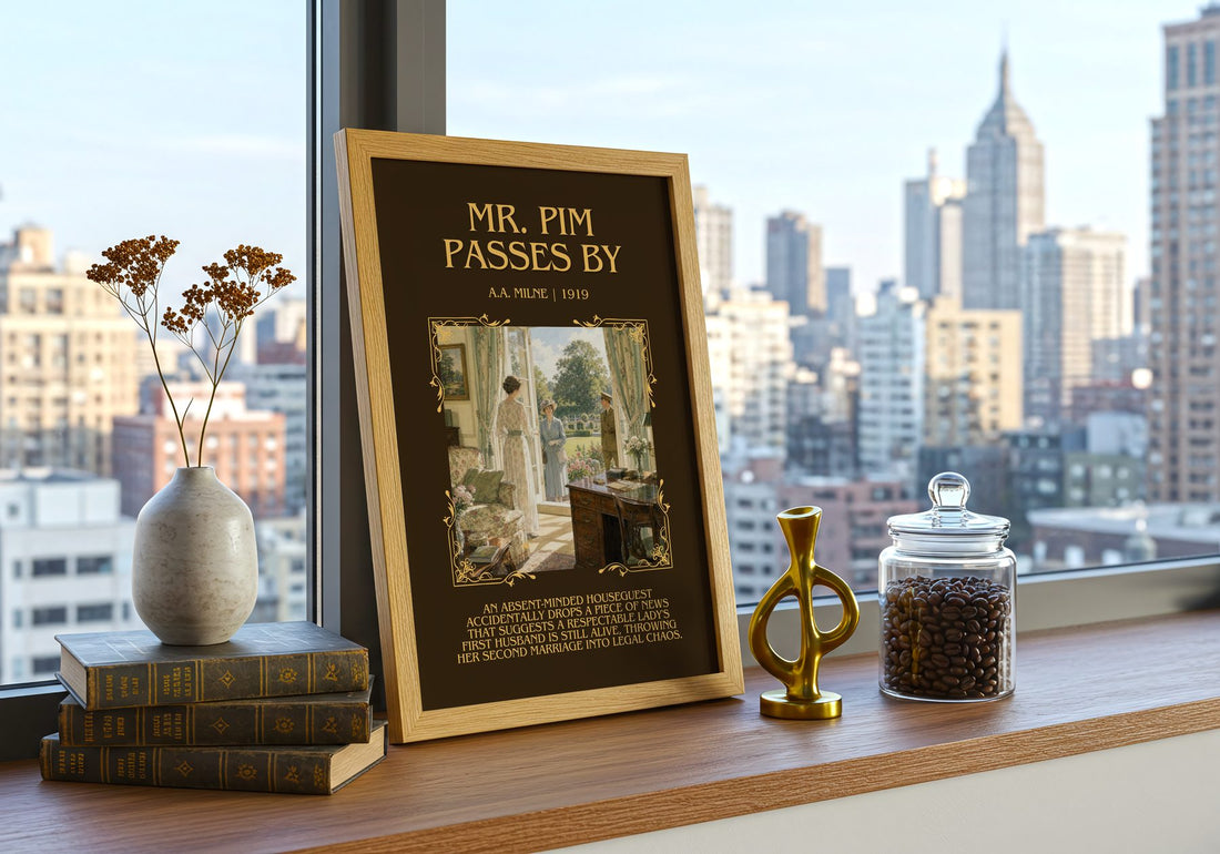 Mr. Pim Passes By Minimalist Book Poster by A.A. Milne – framed print on a city-view windowsill