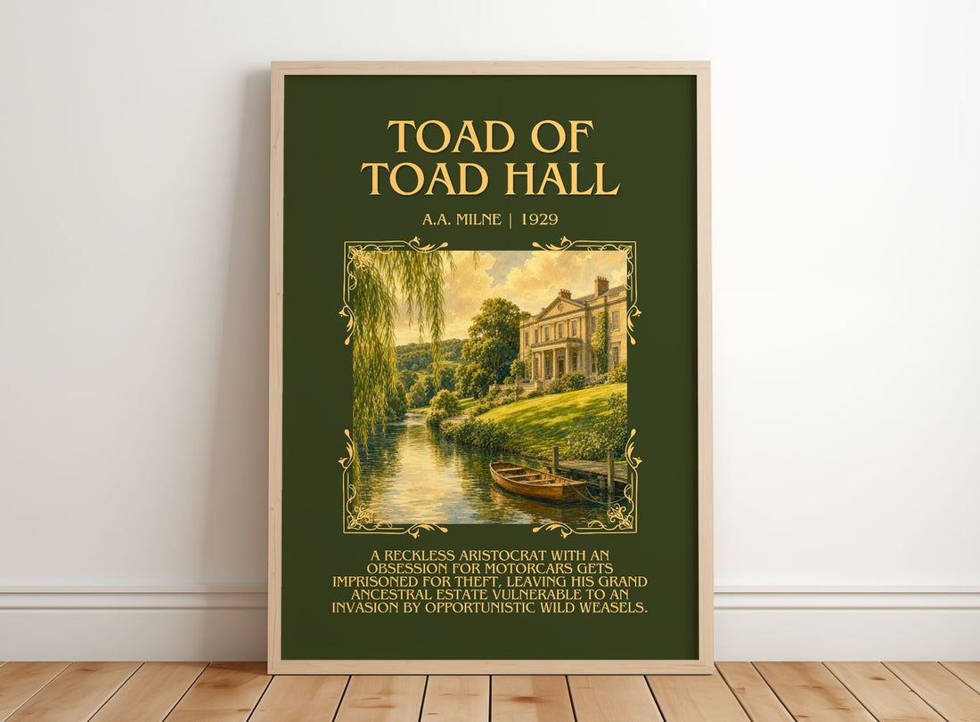 Toad Of Toad Hall Minimalist Book Poster by A.A. Milne – framed print leaning on a wooden floor