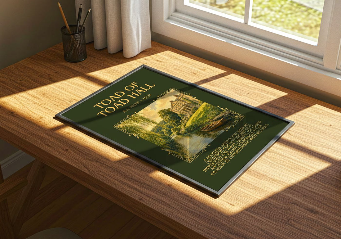 Toad Of Toad Hall Minimalist Book Poster by A.A. Milne – print on a sunlit desk