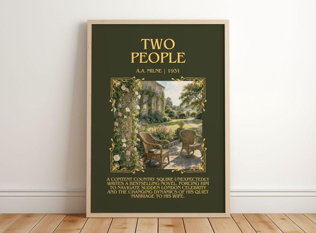 Two People Minimalist Book Poster by A.A. Milne – framed print leaning on a wooden floor