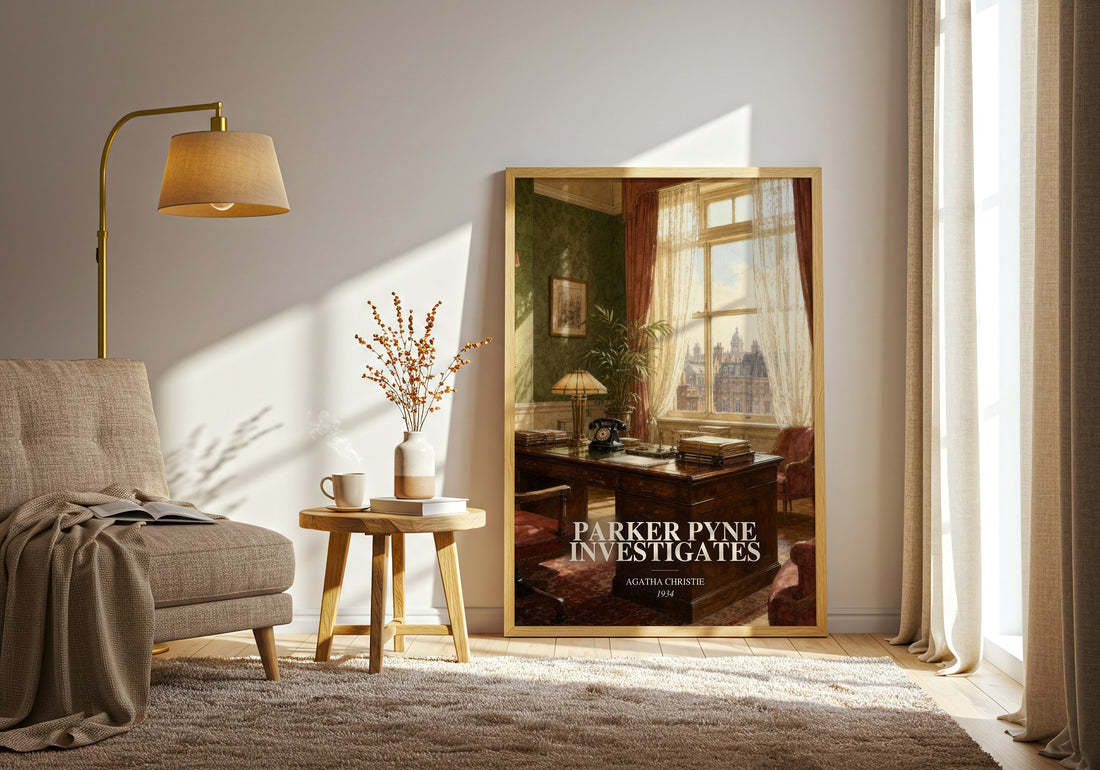 Parker Pyne Investigates watercolour print in frame leaning in hallway – mystery wall art (mockup)