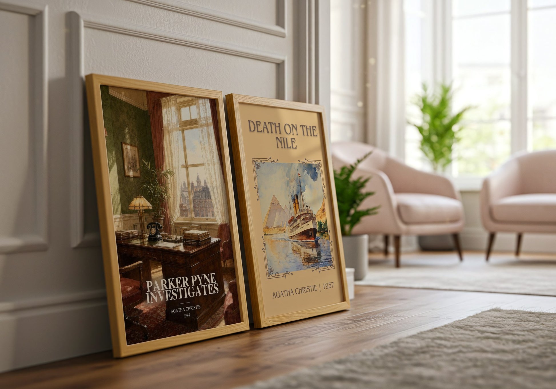 Parker Pyne Investigates watercolour print framed by window – literary home decor