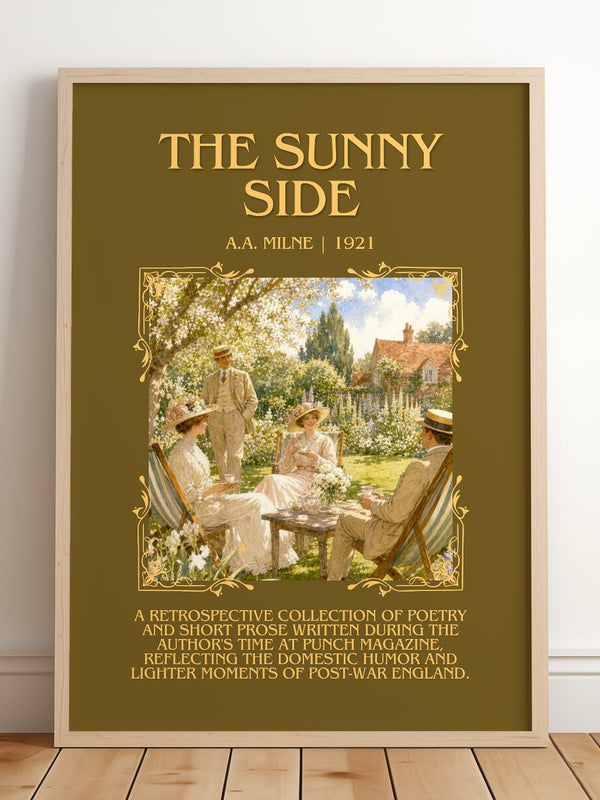 The Sunny Side Minimalist Book Poster by A.A. Milne – framed print leaning on a wooden floor