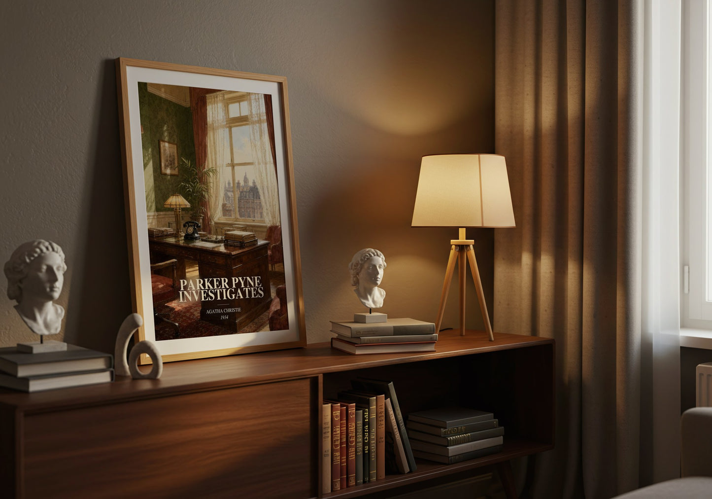 Parker Pyne Investigates watercolour print on bookshelf – Agatha Christie fan gift