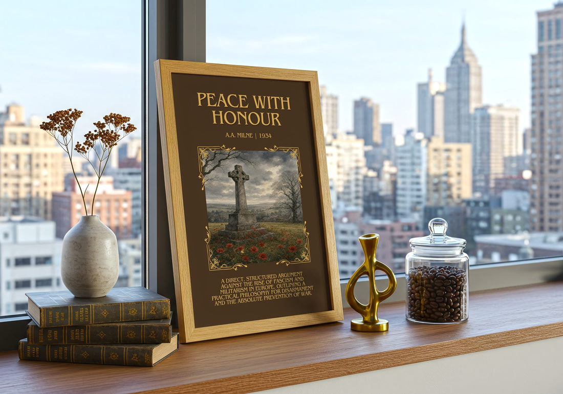 Peace With Honour Minimalist Book Poster by A.A. Milne – framed print on a city-view windowsill