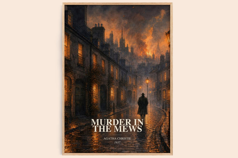 Murder In The Mews watercolour book poster by Agatha Christie – framed literary art print