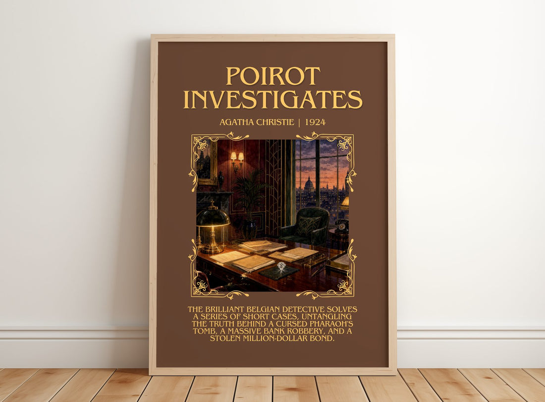 Poirot Investigates Minimalist Book Poster by Agatha Christie – framed print leaning on a wooden floor