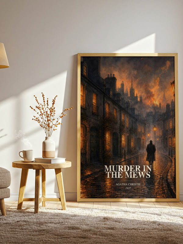 Murder In The Mews watercolour print in frame leaning in hallway – mystery wall art