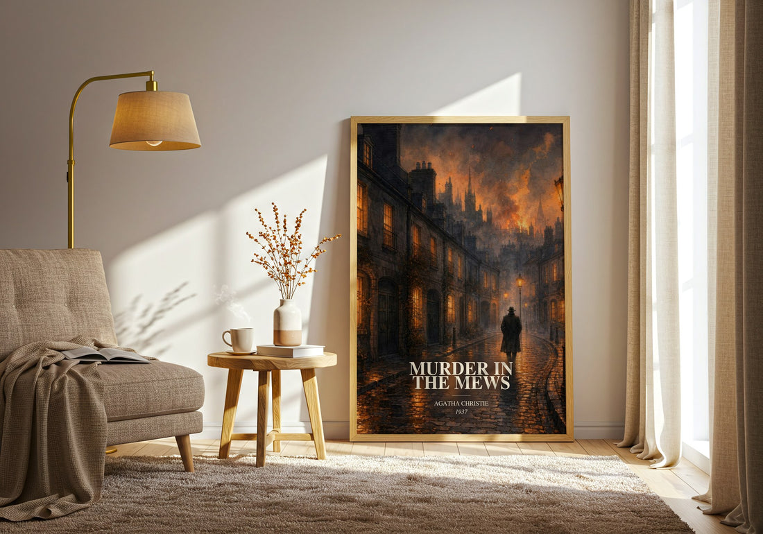 Murder In The Mews watercolour print in frame leaning in hallway – mystery wall art (mockup)