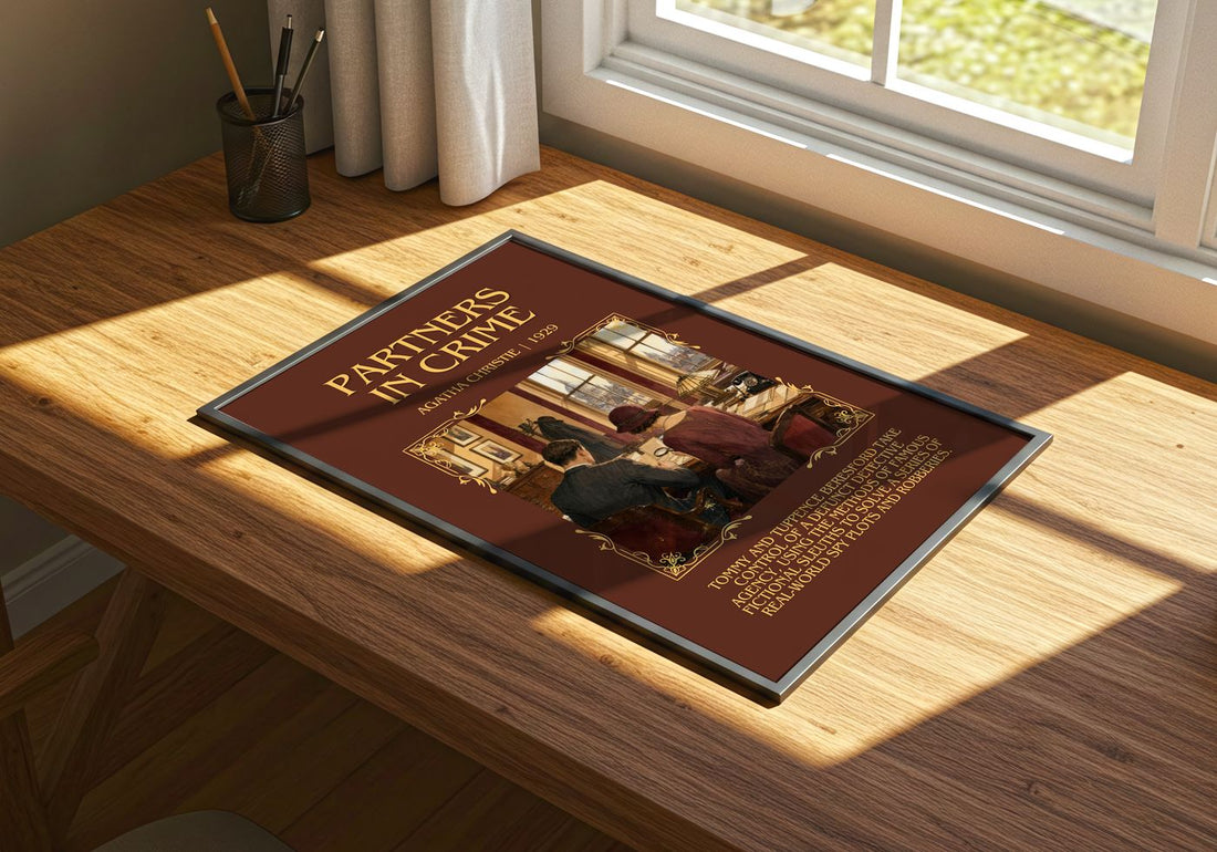 Partners In Crime Minimalist Book Poster by Agatha Christie – print on a sunlit desk
