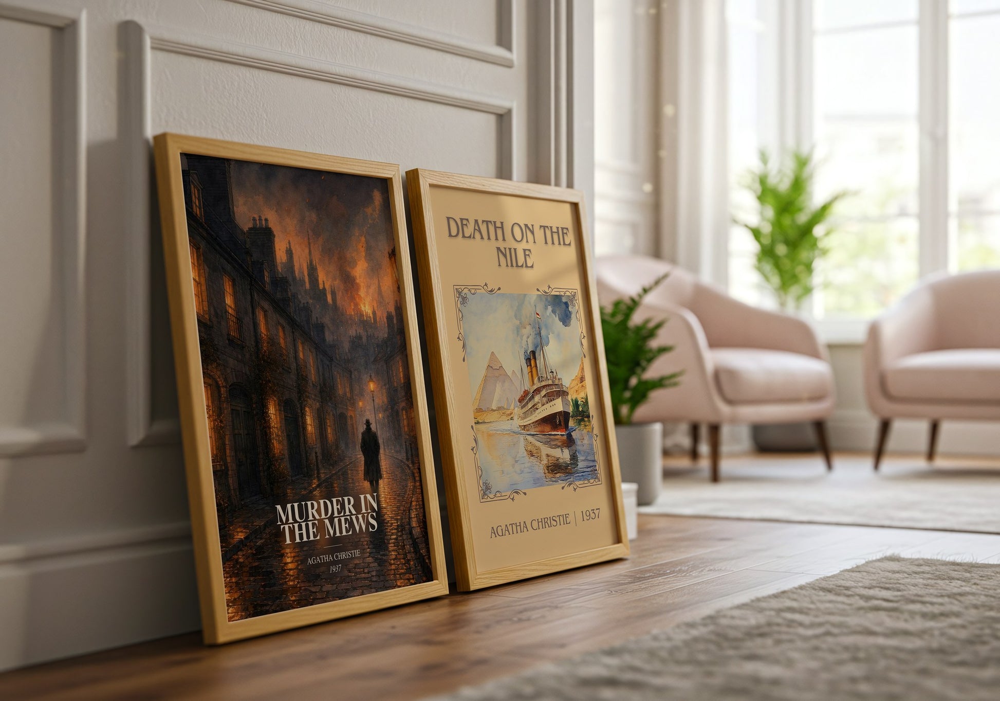 Murder In The Mews watercolour print framed by window – literary home decor