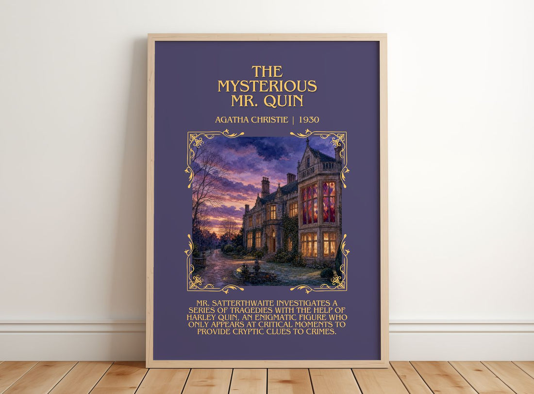 The Mysterious Mr. Quin Minimalist Book Poster by Agatha Christie – framed print leaning on a wooden floor