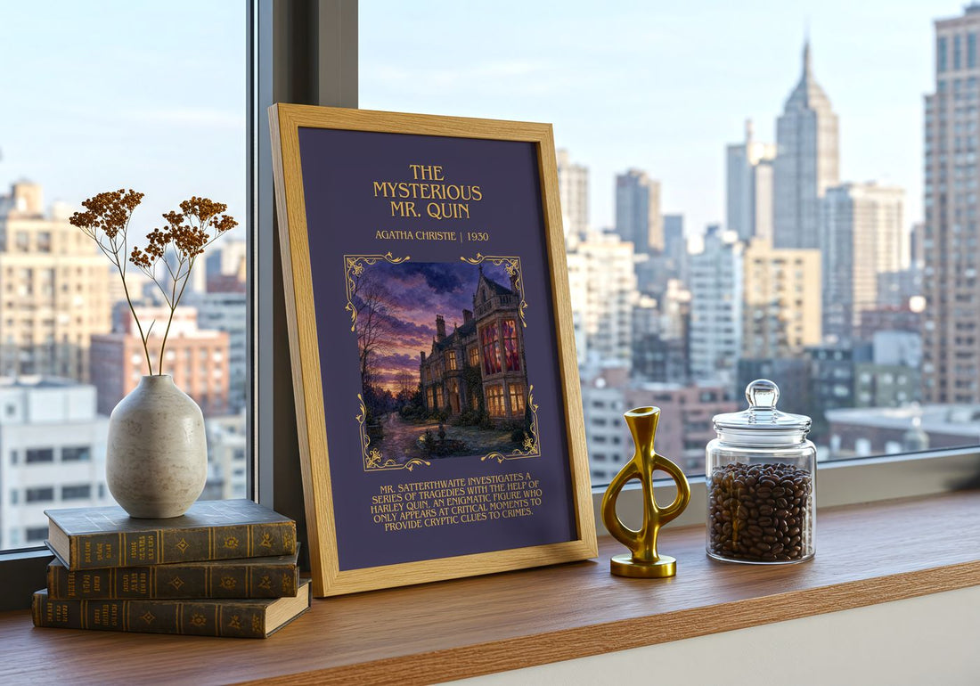 The Mysterious Mr. Quin Minimalist Book Poster by Agatha Christie – framed print on a city-view windowsill