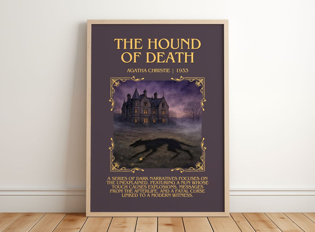 The Hound Of Death Minimalist Book Poster by Agatha Christie – framed print leaning on a wooden floor