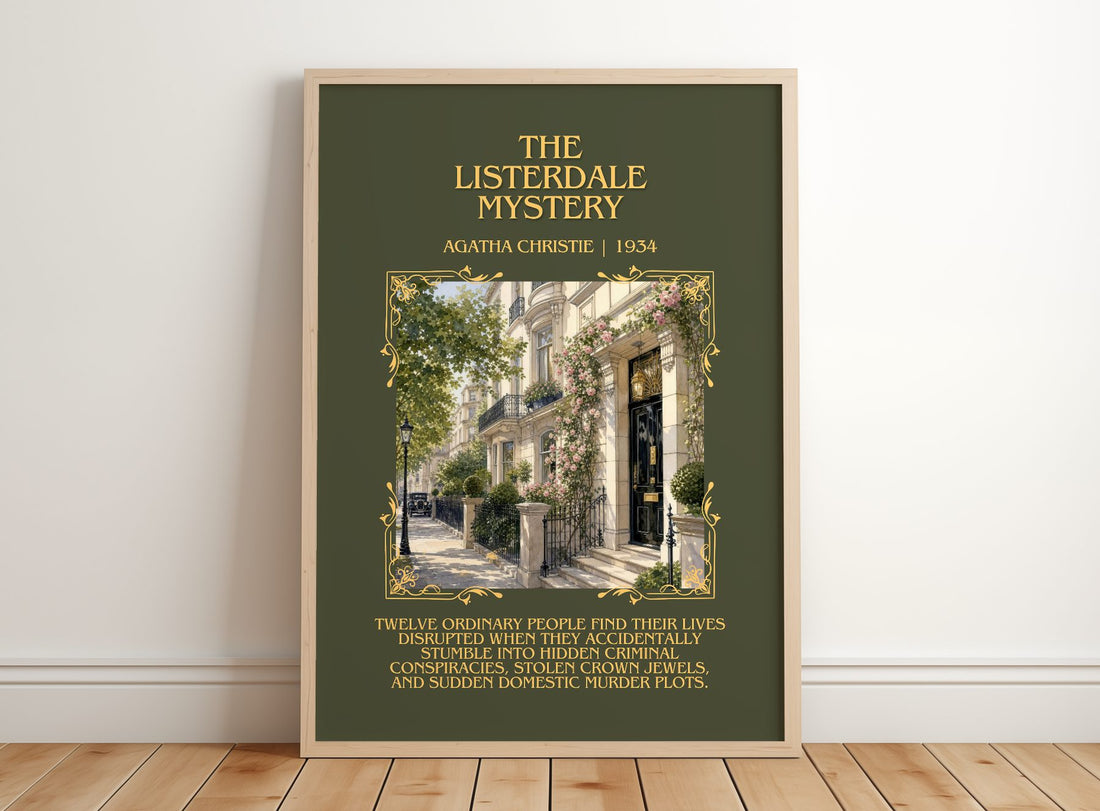 The Listerdale Mystery Minimalist Book Poster by Agatha Christie – framed print leaning on a wooden floor