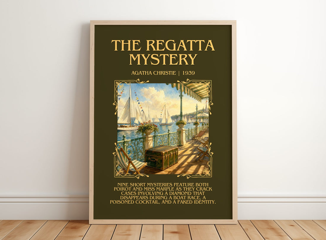 The Regatta Mystery Minimalist Book Poster by Agatha Christie – framed print leaning on a wooden floor