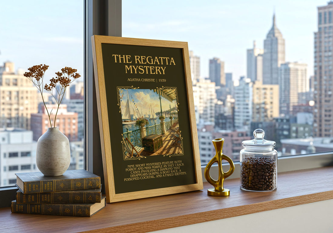 The Regatta Mystery Minimalist Book Poster by Agatha Christie – framed print on a city-view windowsill