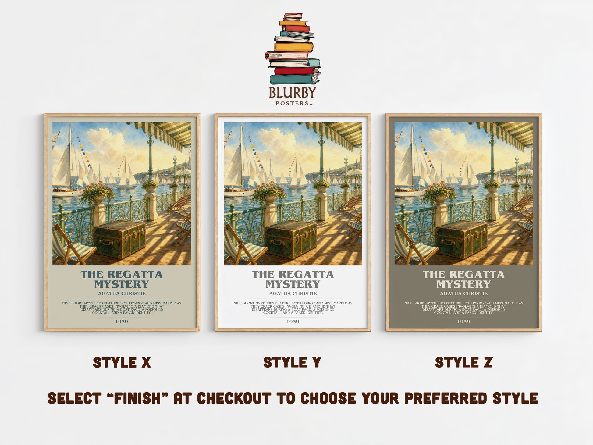 The Regatta Mystery bookish print in frame leaning in hallway – mystery wall art