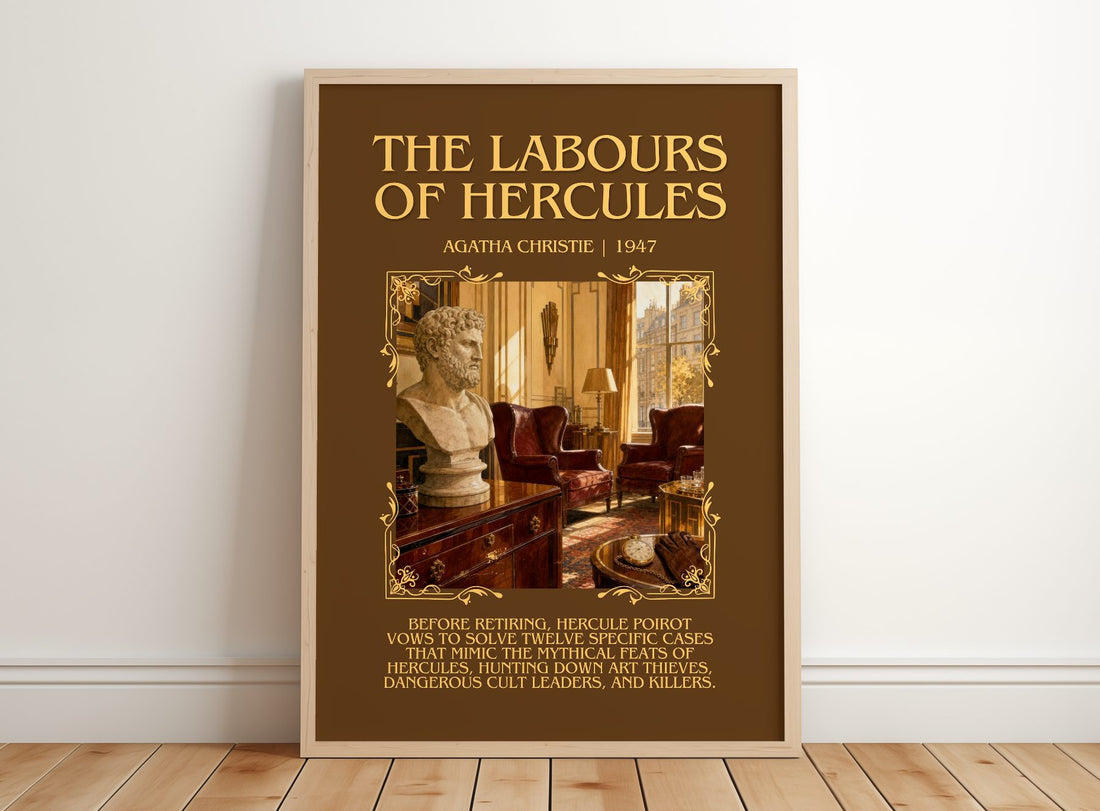 The Labours Of Hercules Minimalist Book Poster by Agatha Christie – framed print leaning on a wooden floor
