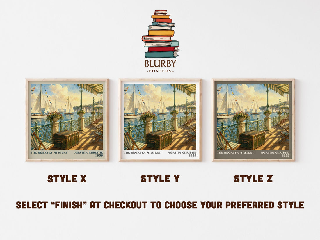 The Regatta Mystery literary print in frame leaning in hallway – mystery wall art (mockup)