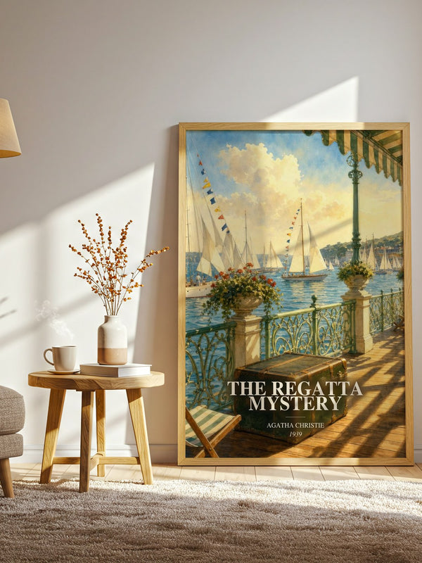 The Regatta Mystery watercolour print in frame leaning in hallway – mystery wall art