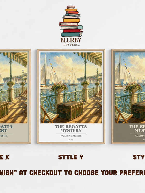 The Regatta Mystery book cover print in frame leaning in hallway – mystery wall art