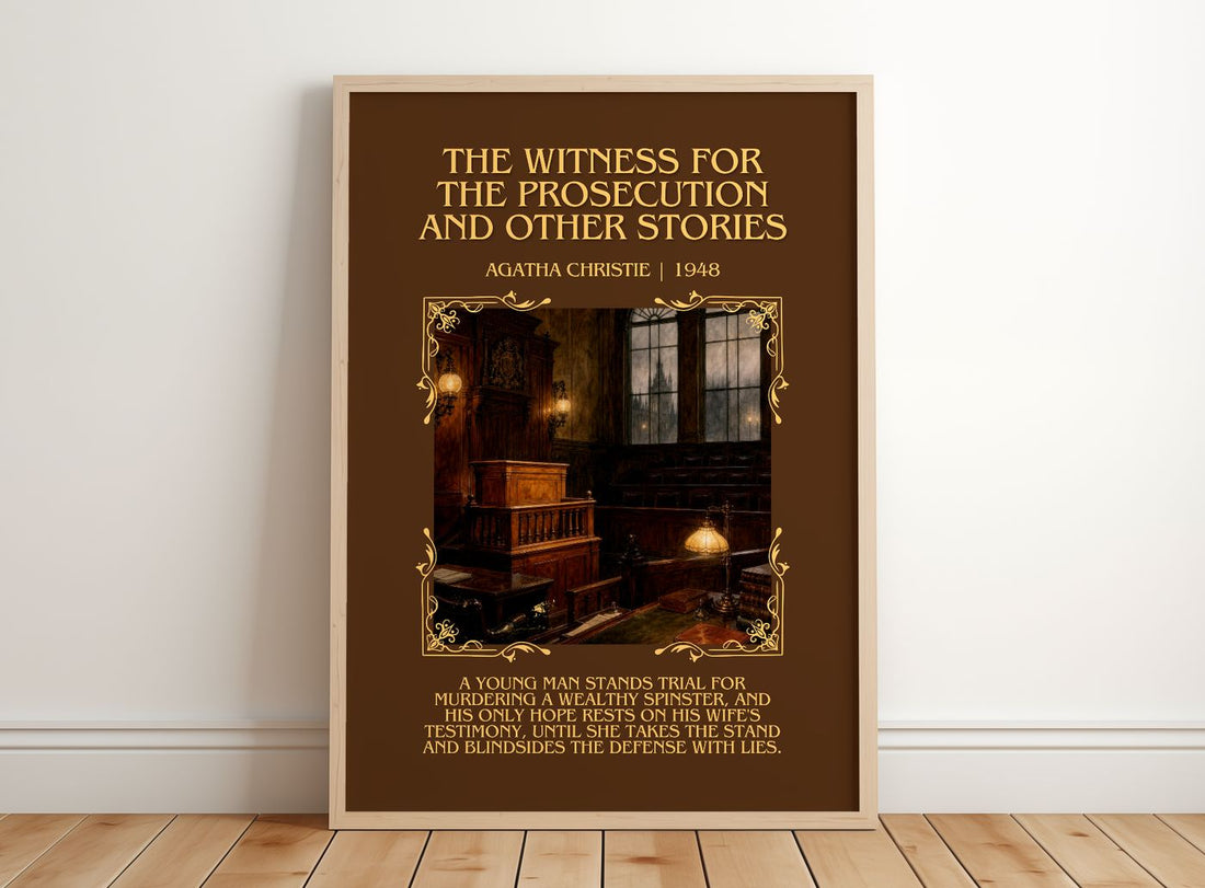 Witness For The Prosecution And Other Stories Minimalist Book Poster – framed print leaning on a wooden floor